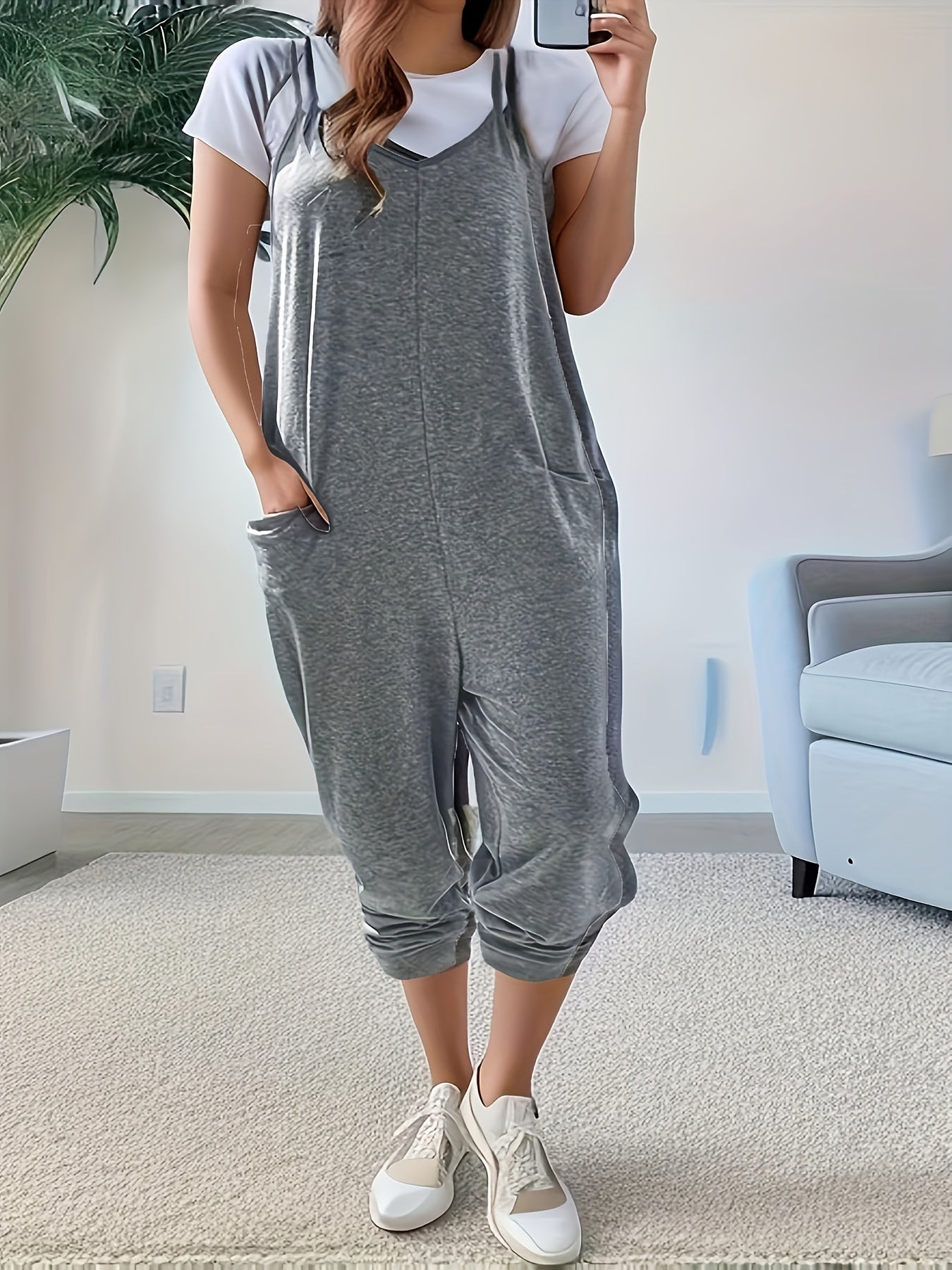 Pantalones de mujer de talla grande con bolsillos de moda y tirantes con correa trasera