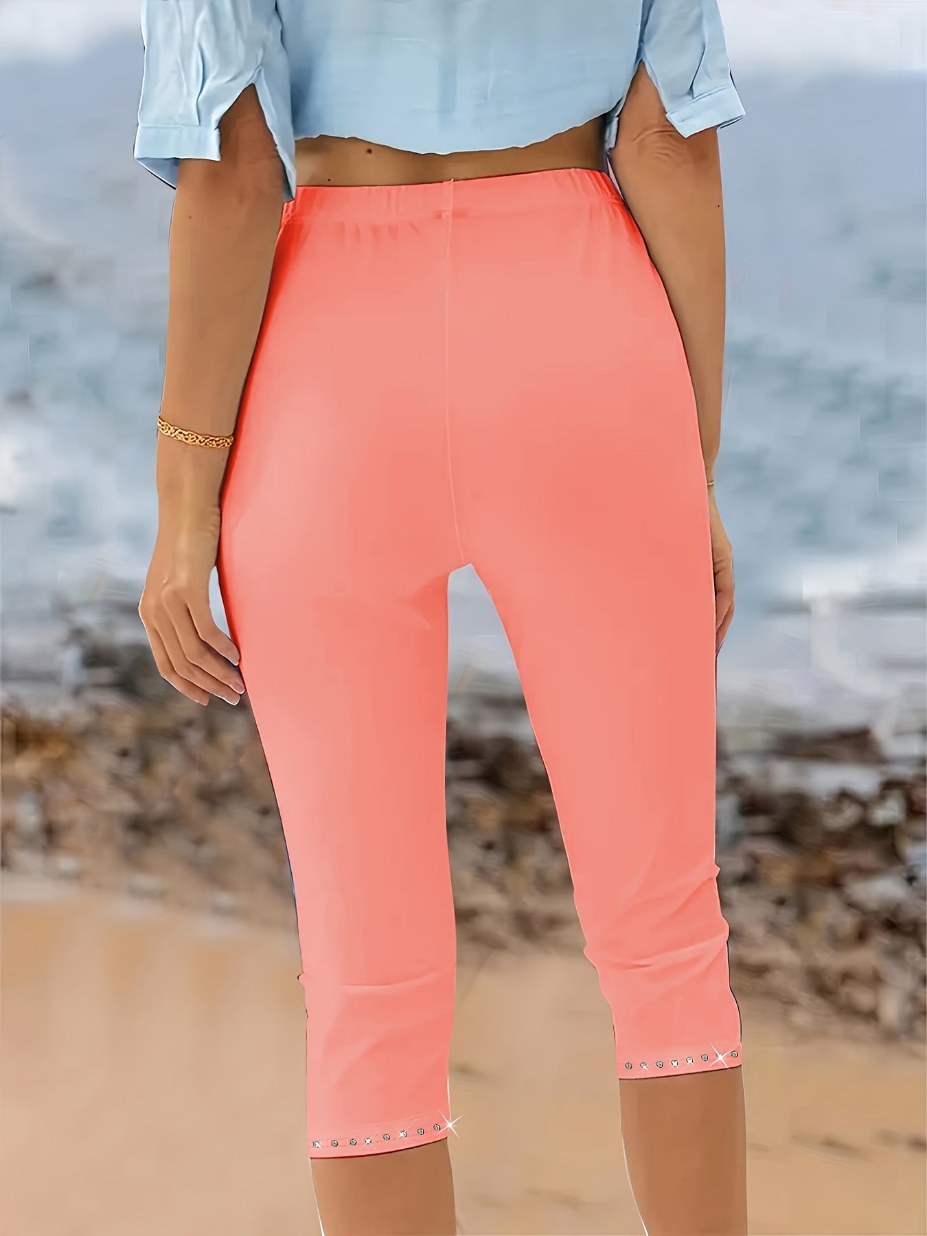 Plus Size Rhinestone Decor Capri Leggings High Waist Stretchy Spring Summer Women