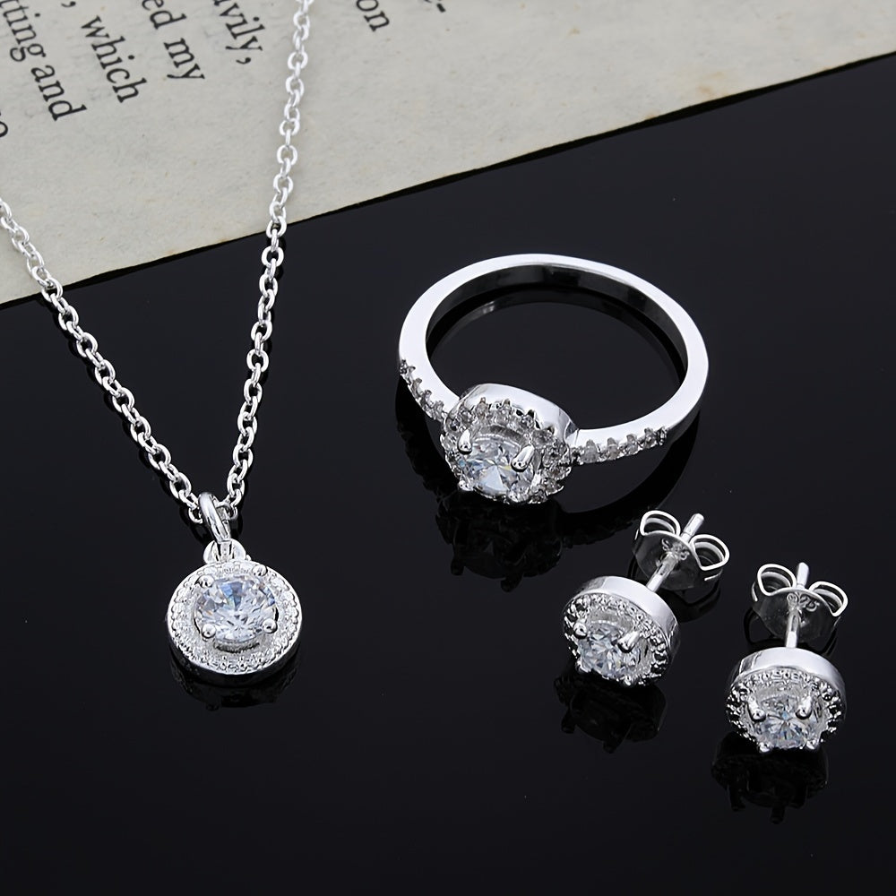 Women's Silver Plated Copper Jewelry Set with Synthetic Zirconia Y2K Style Necklace Ring Earrings for Daily and Festive Wear