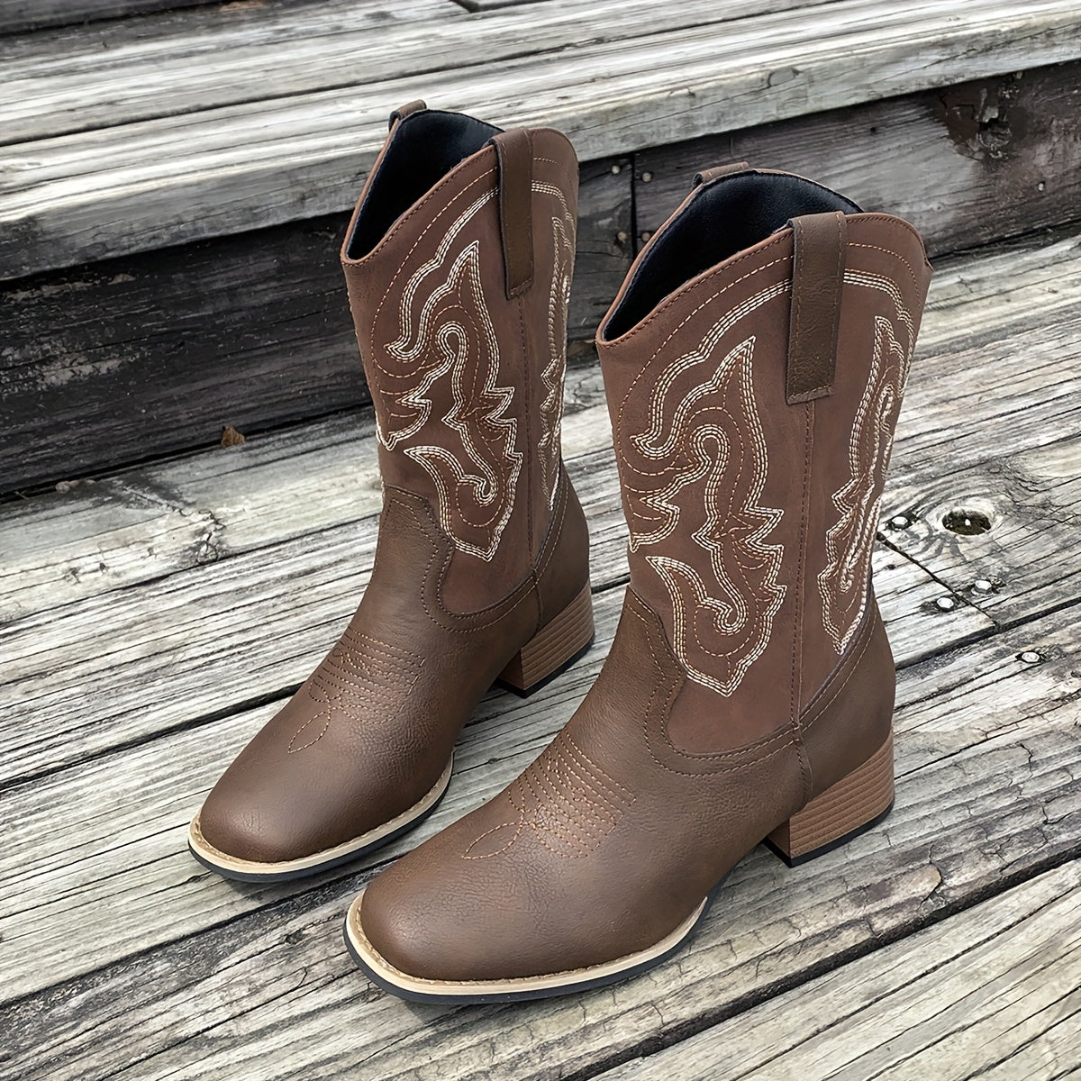 Women's Leather Chunky Heel Boots Square Toe Slip On Fashion Comfortable