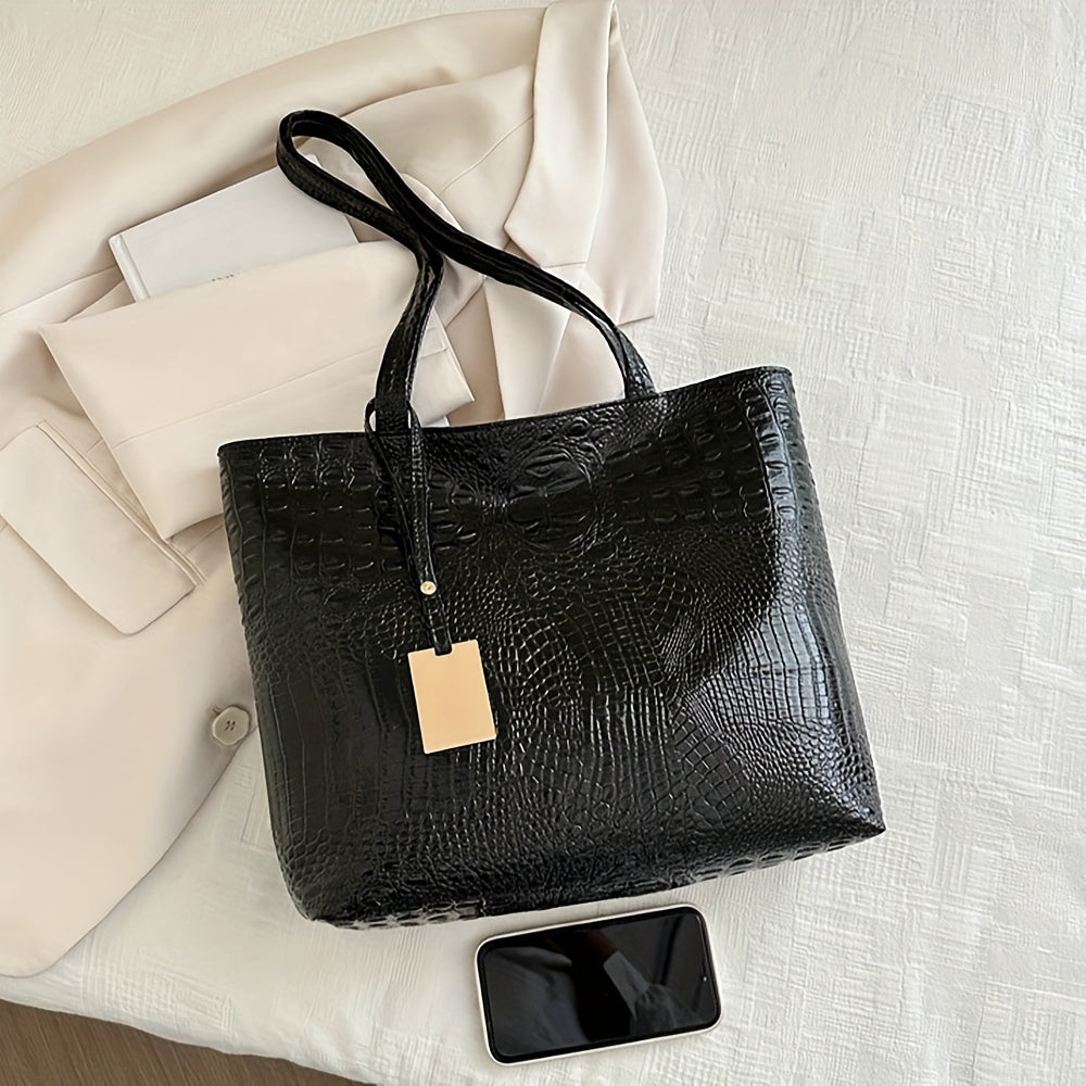 Yengil, biznes tasodifiy to'plov, katta sig'imga ega. PU materialidan tayyorlangan ikki tutqichli yelka sumkasi, krokodil naqshli tafsilotlarga ega, ish va safar uchun ideal.