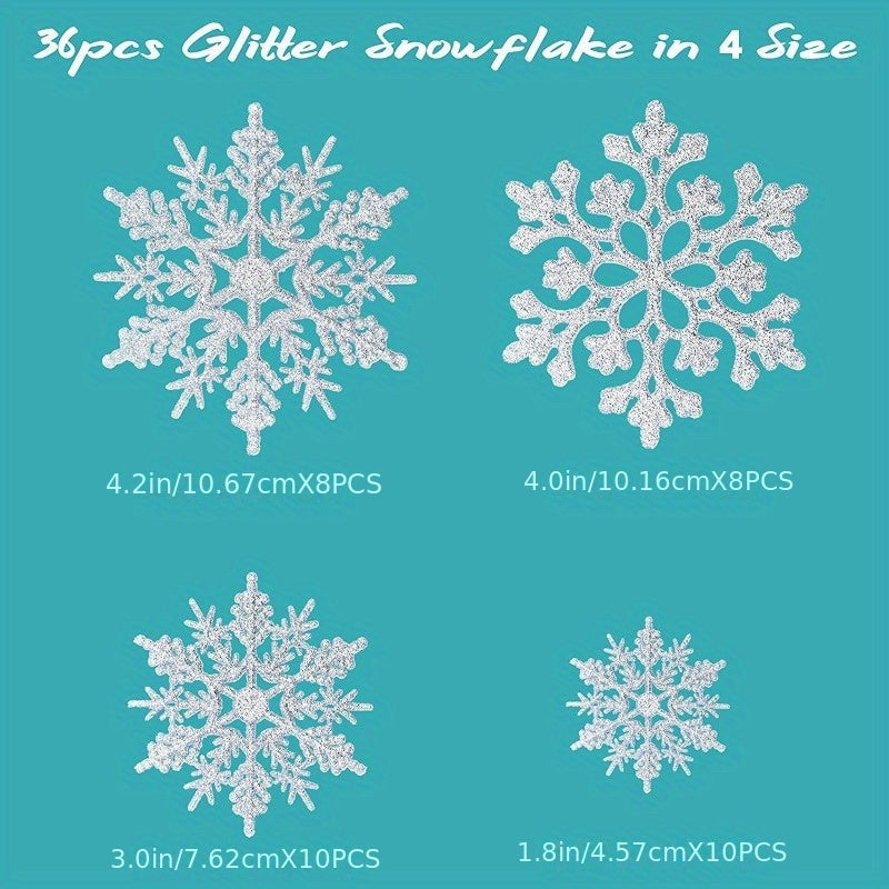 Set of 36 Plastic Snowflake Christmas Ornaments for Tree Windows and Doors