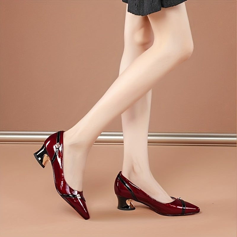 Women's Synthetic Pointed Toe Block Heel Pumps Black Mid-Heel Shoes
