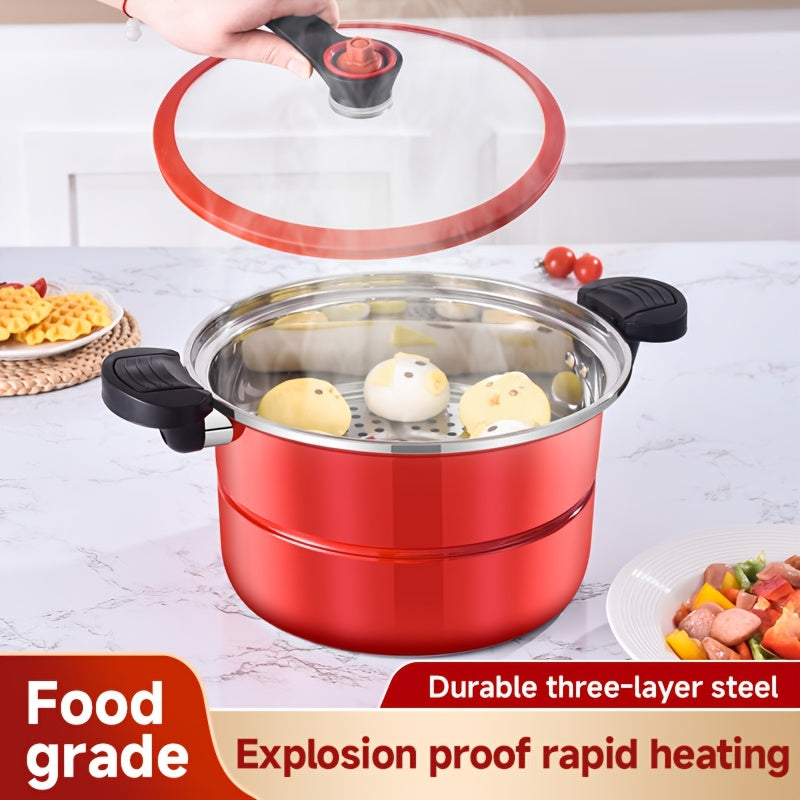 Juego de olla a presión y olla para sopa de acero inoxidable rojo de 2 piezas, gran capacidad, duradero