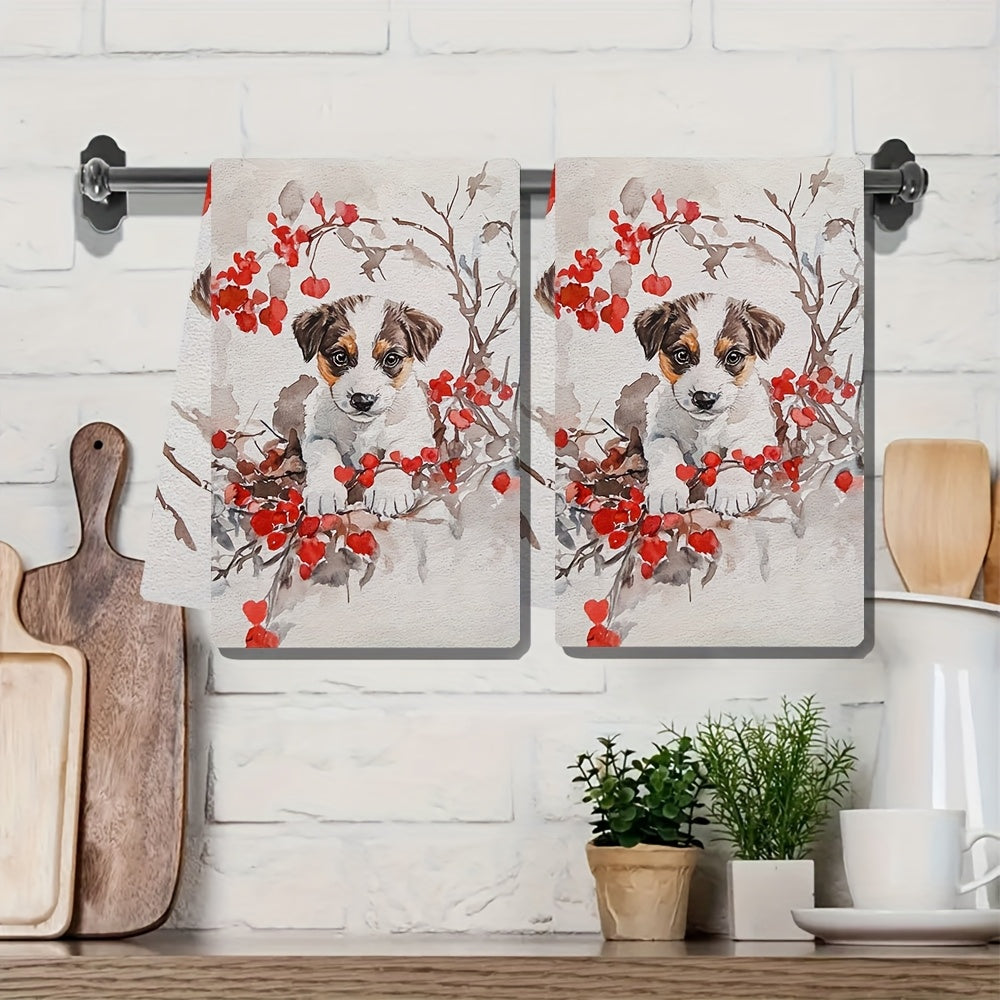 Juego de 2 toallas de cocina ultra suaves con frambuesas rojas y cachorro, absorbentes para secar platos