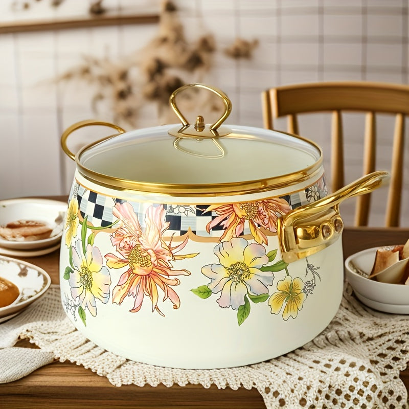 French Daisy Stockpot with Lid Enamel Coating Induction Compatible Floral Design