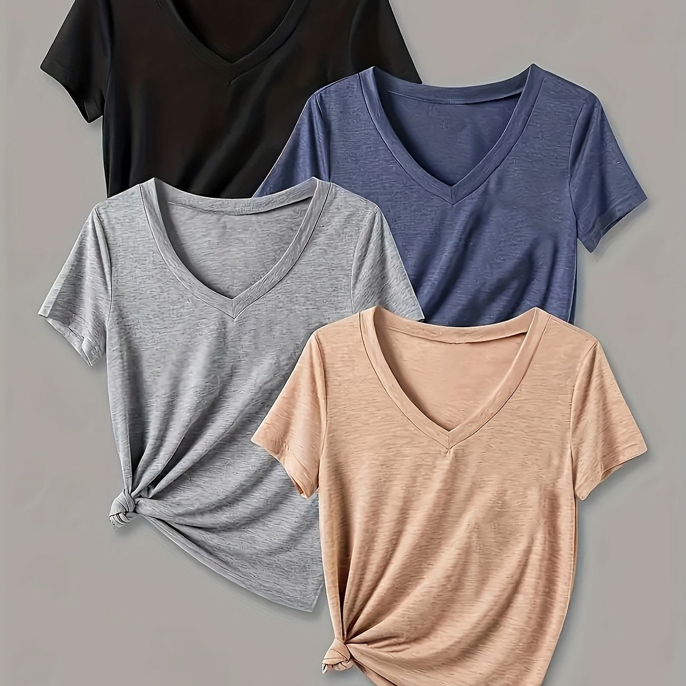 Women's V-Neck Short Sleeve T-Shirts Pack Breathable Casual Tops Black Pink Blue Teal