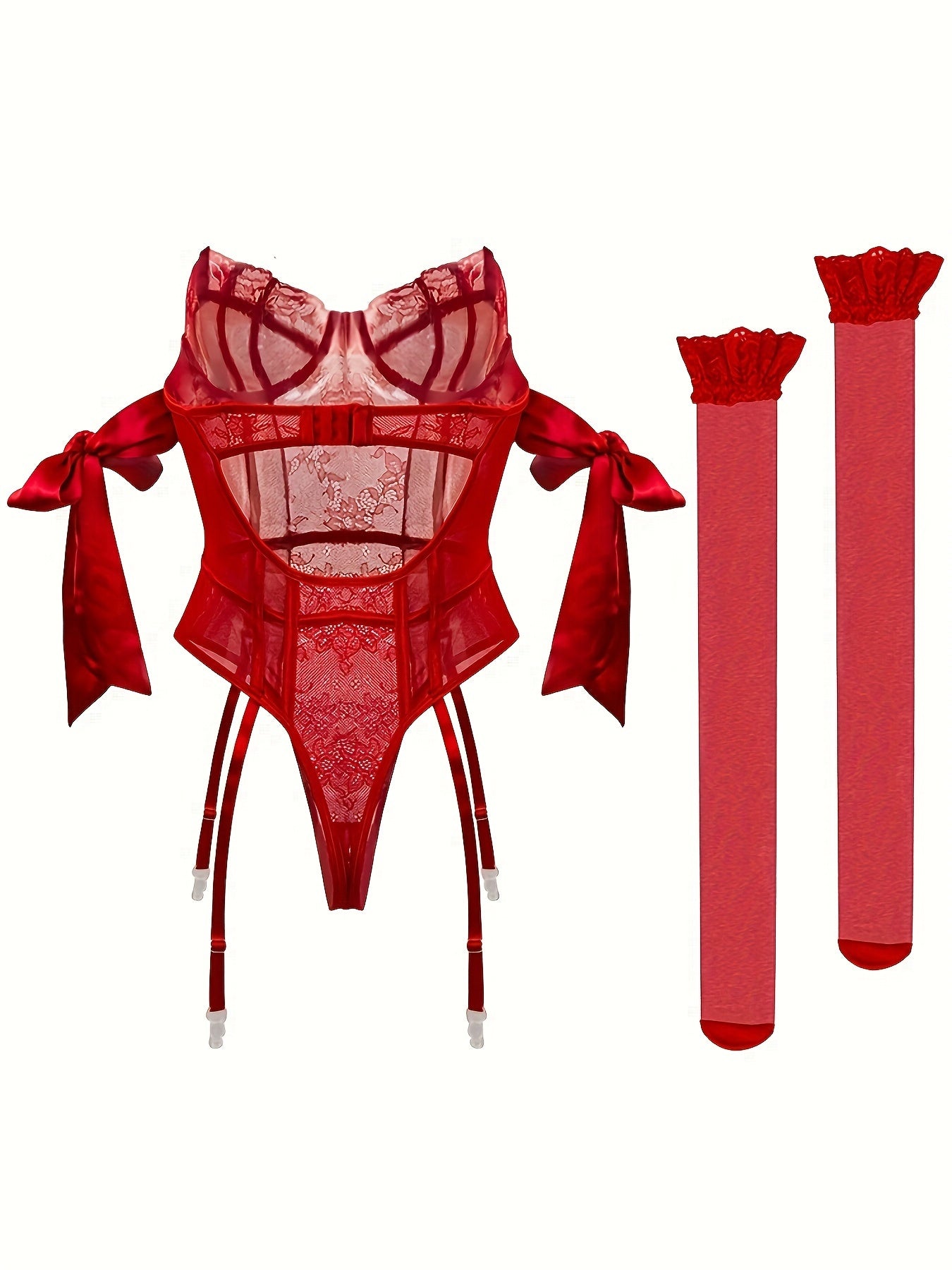 Yangi Yevropa va Amerika bozorida sotilayotgan ayollar uchun bodysuit va taytlar to'plami, dantel qo'shilishi bilan, to'plangan paypoqlarni o'z ichiga oladi.