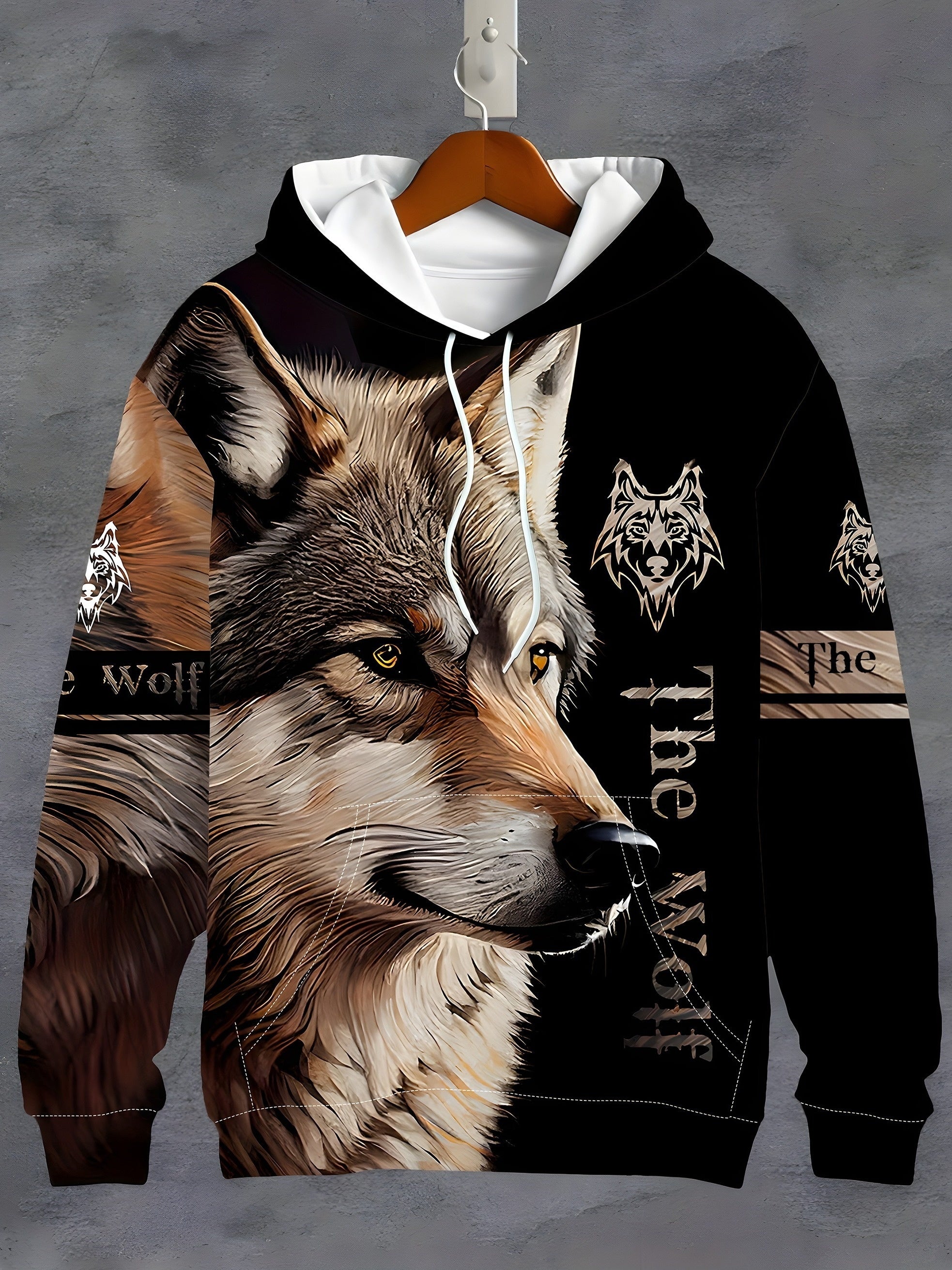 Plus Size Men's Hoodie with Wolf Print Casual Drawstring Machine Washable