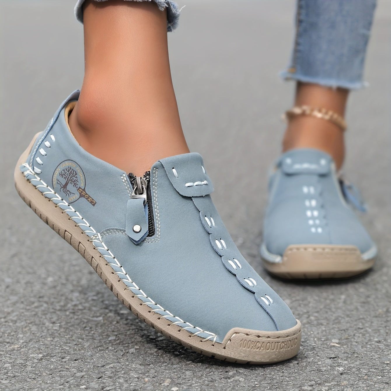 Women's Handmade Casual Loafers Slip-On Sneakers with Zipper Rubber Sole