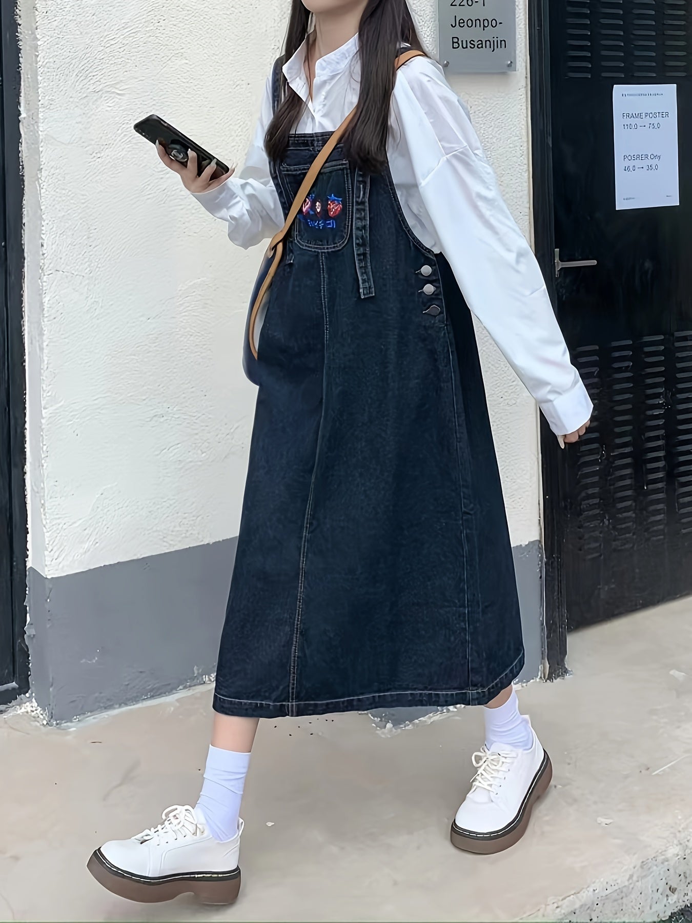 Women's Dark Wash Denim Overalls Dress with Strawberry Embroidery Pocket Casual Pinafore