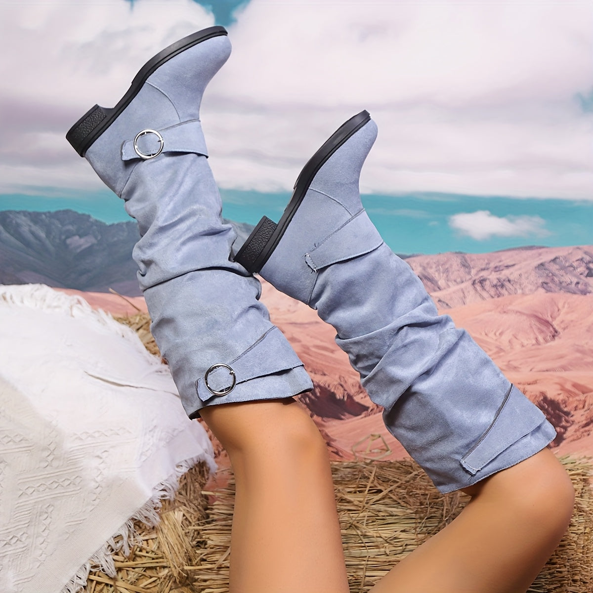 Women's Slip-On Mid-Heel Cover Boots with Double Buckle in Brown Blue Pink