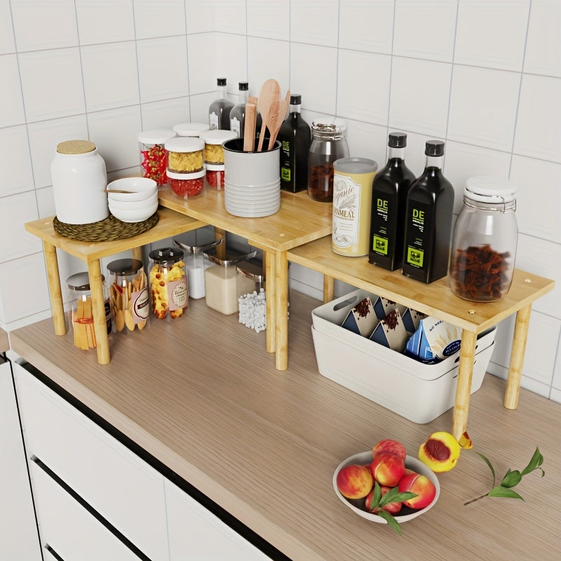 Set of 3 Bamboo Cabinet Organizers Adjustable Countertop Shelves Kitchen Storage Rack