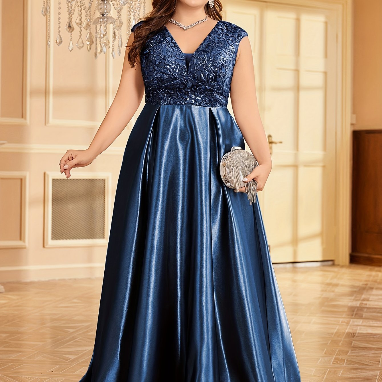Plus Size Sequin Evening Dress Maxi Party Dress Slit Cocktail Gown