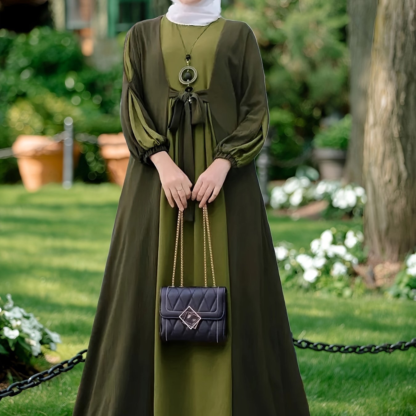 Women's Ramadan Color Block Tie Front Maxi Kaftan Dress Long Sleeve Polyester