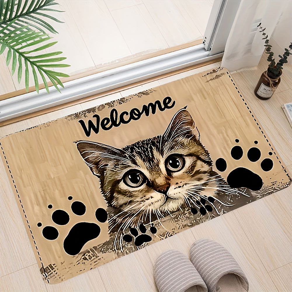 Charming Cat Welcome Mat Bardoshli Polyester Rug Slipperga qarshi Oson tozalash uchun yashash xonasi