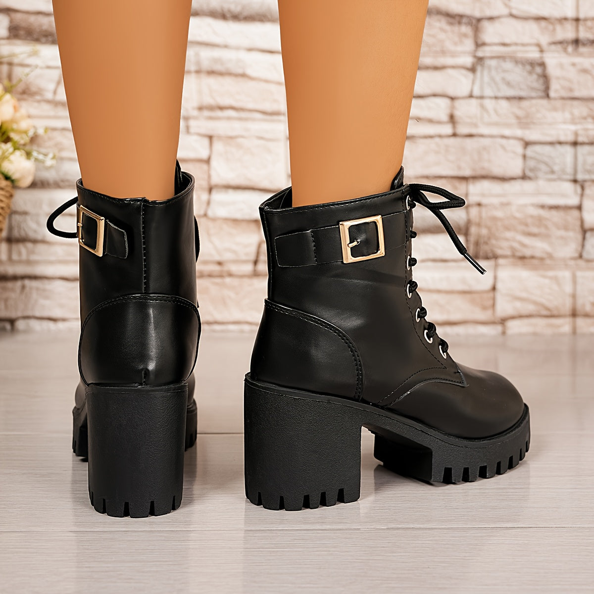 Women's Leather Chunky Heel Ankle Boots with Thick Sole and Low Heel