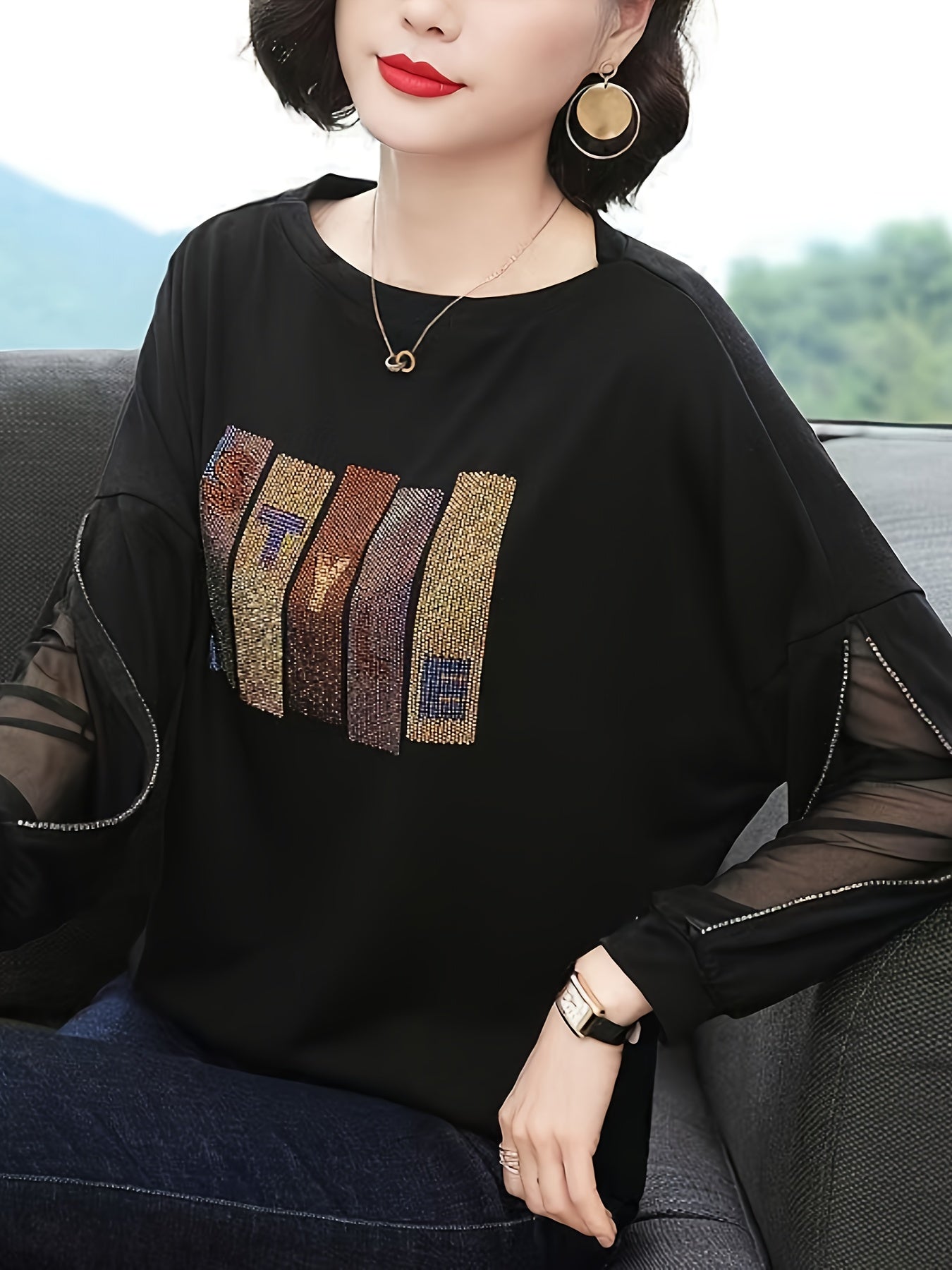 Women's Rhinestone Embellished Loose Fit Blouse with Letter Pattern Polyester Knit Mesh Panels Spring Fall