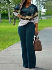 Ayollar uchun V shaklidagi bo'yin, uzun yengli bluzka va keng oyoqli shimlardan iborat ikki qismli to'plam.