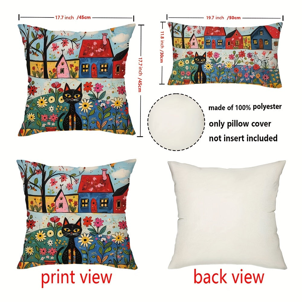 Black Cat Throw Pillow Cover Sun and Flowers Design 29.97x50.04cm or 44.96cm Square Farmhouse Decor