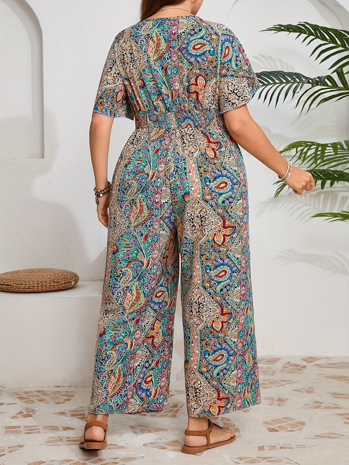 Plus Size Elegant V-Neck Cushion Woven Fabric Spring Summer Jumpsuit