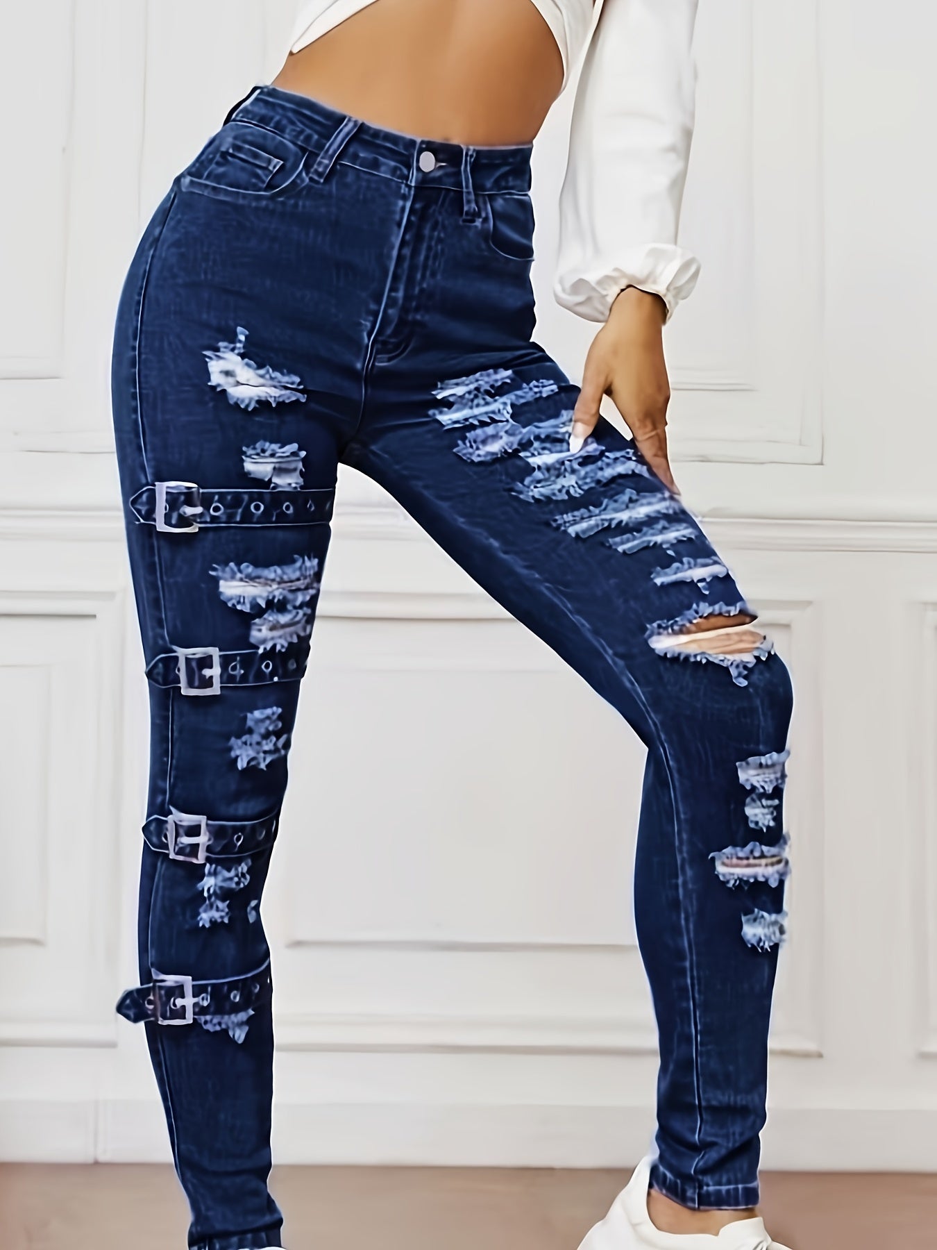 Women's High-Waisted Ripped Skinny Denim Jeans with Stretch Fabric for All Seasons