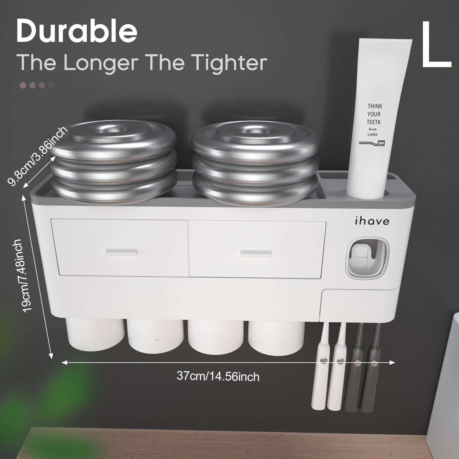 Kids Bathroom Toothbrush Holder with Toothpaste Dispenser Wall Mount White Plastic