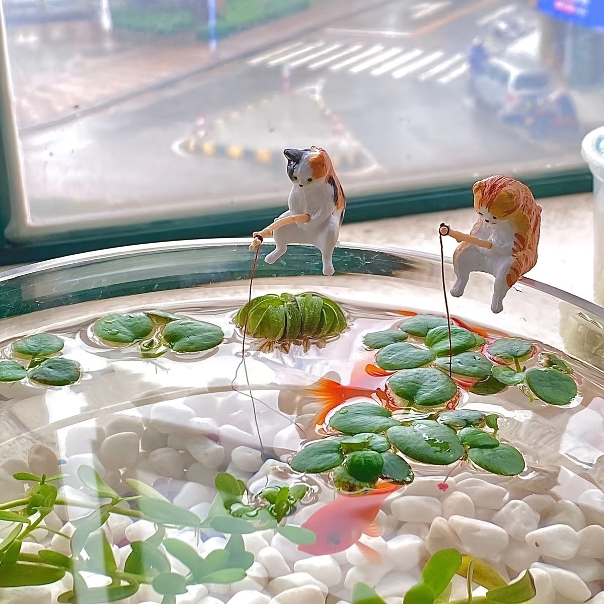 Miniature Fish Tank Decor Set of 2 Fishing Cat Figurines for Aquariums