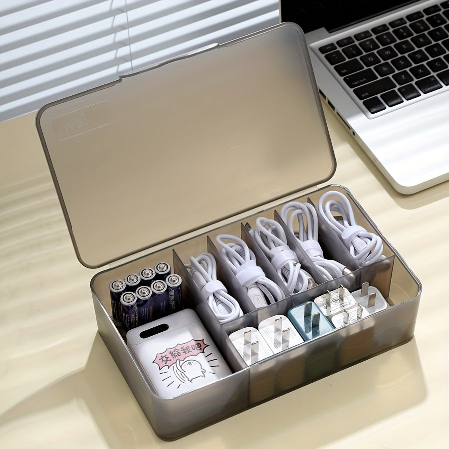 Desk Organizer Storage Box with Grids and Lid for Cables Chargers Batteries and Accessories