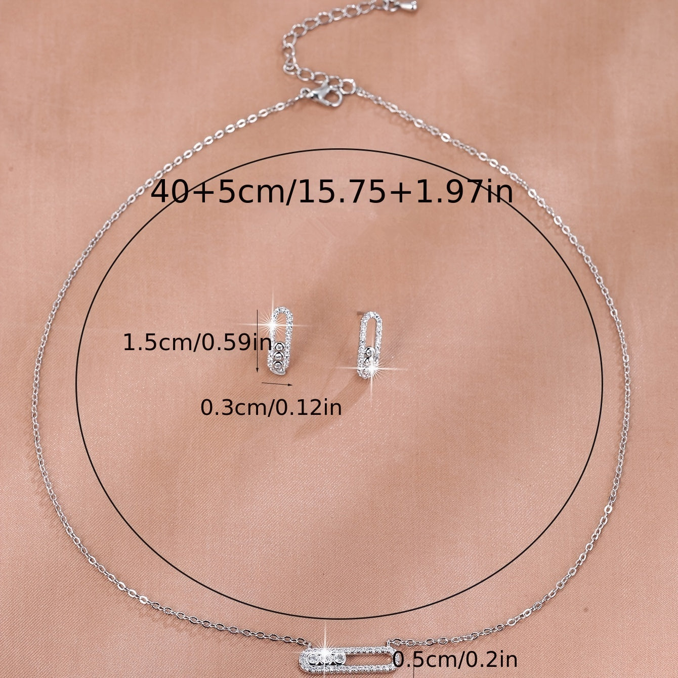 Sparkling Zirconia Jewelry Set Pendant Necklace and Dangle Earrings Paperclip Design for Valentine's Day
