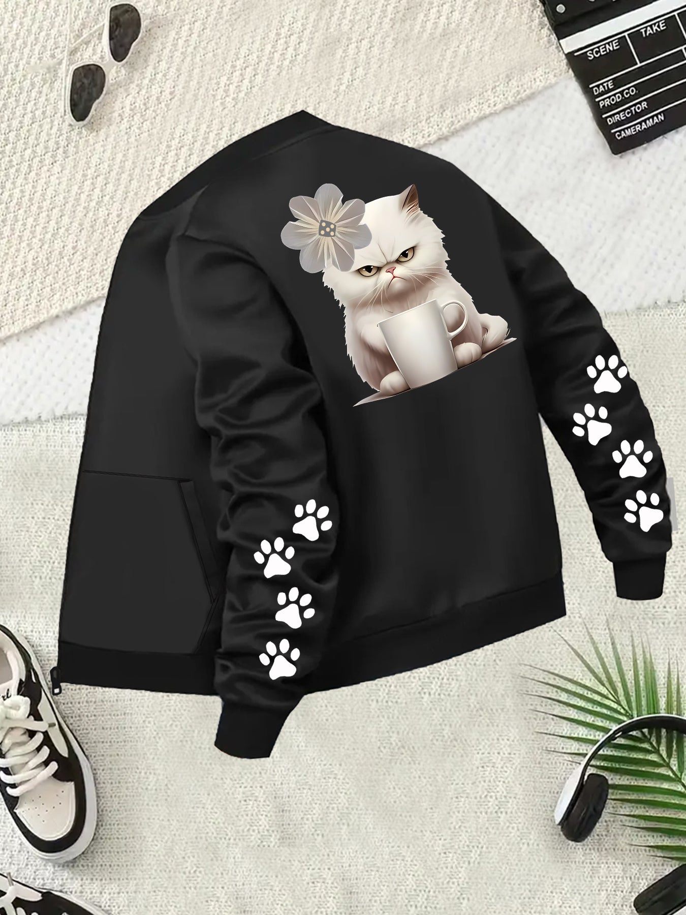 Plus Size Women's Casual Bomber Jacket with Cat Graphic Black All-Season Outerwear