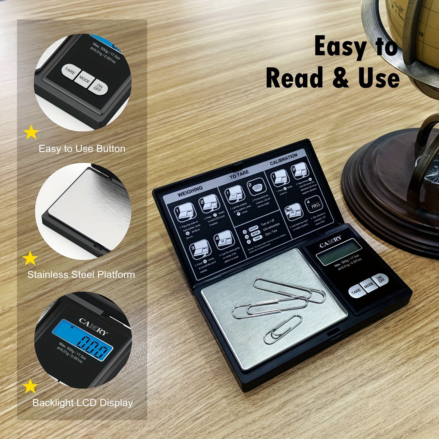 Precision Pocket Scale 0.01g 500g Capacity Food Jewelry Travel Backlit LCD