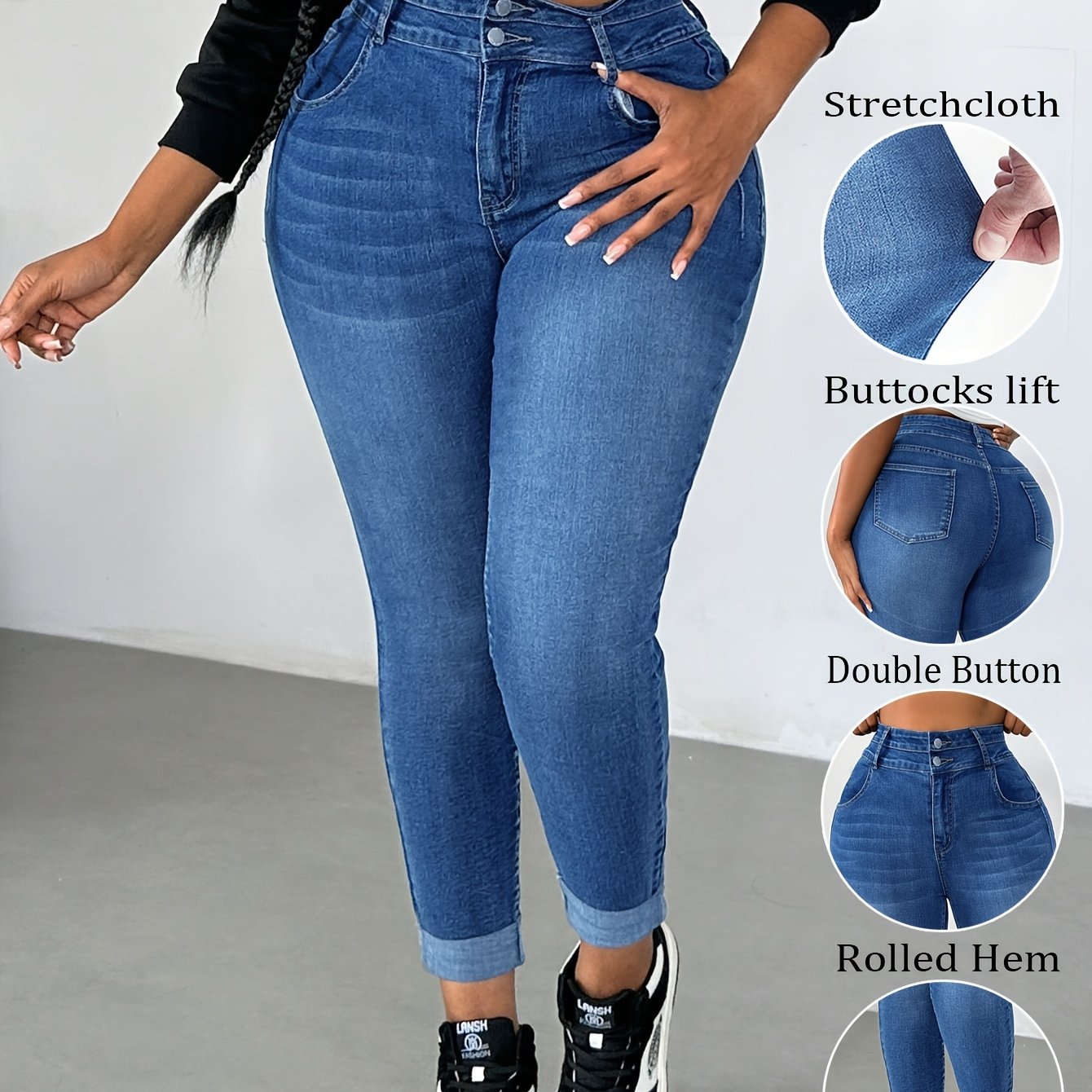 Women's Plus Size High-Waisted Blue Skinny Jeans with Stretchy Fabric