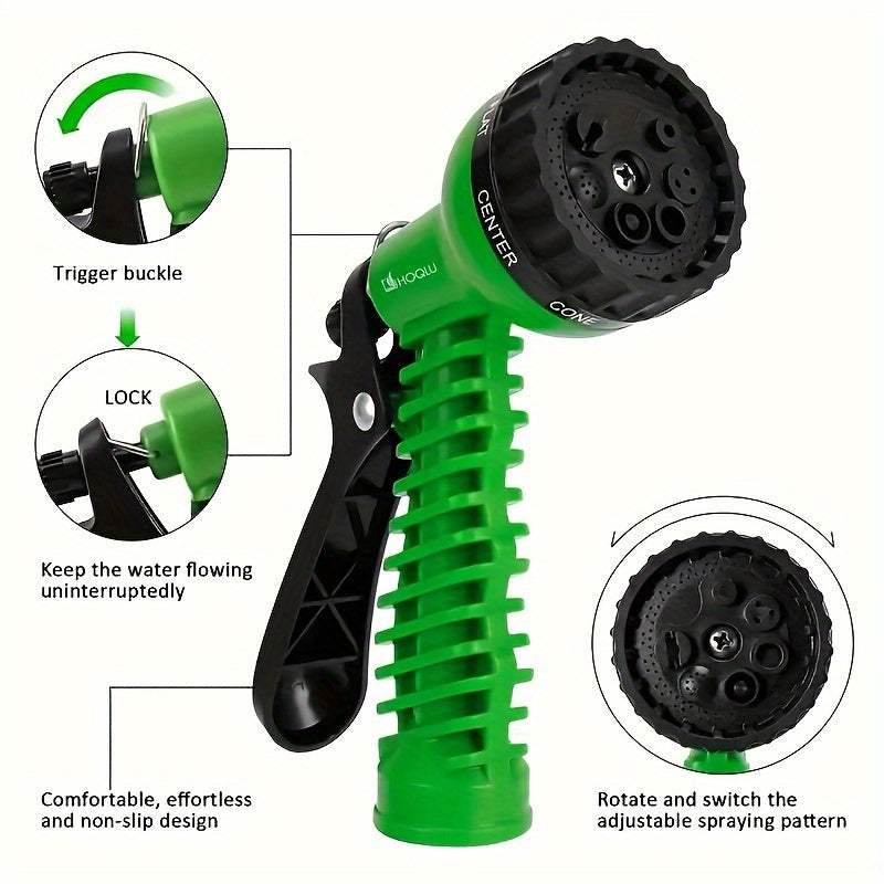 Expandable Green Rubber Garden Hose 30ft with High-Pressure Spray Gun and Anti-Kink Nozzle