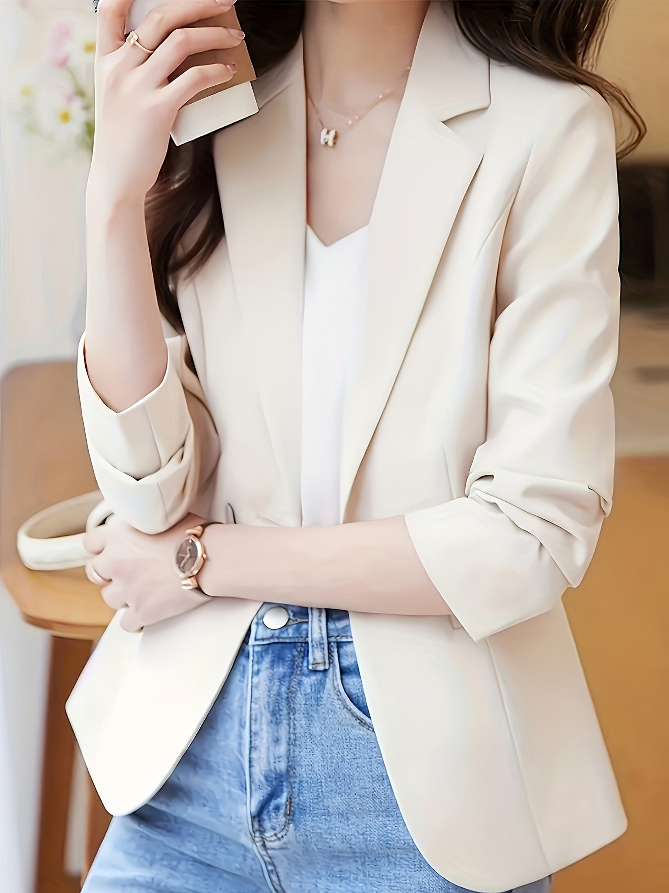 Women's Beige Slim Fit Blazer with Single Button Closure Long Sleeves Notch Collar for Spring Fall Casual