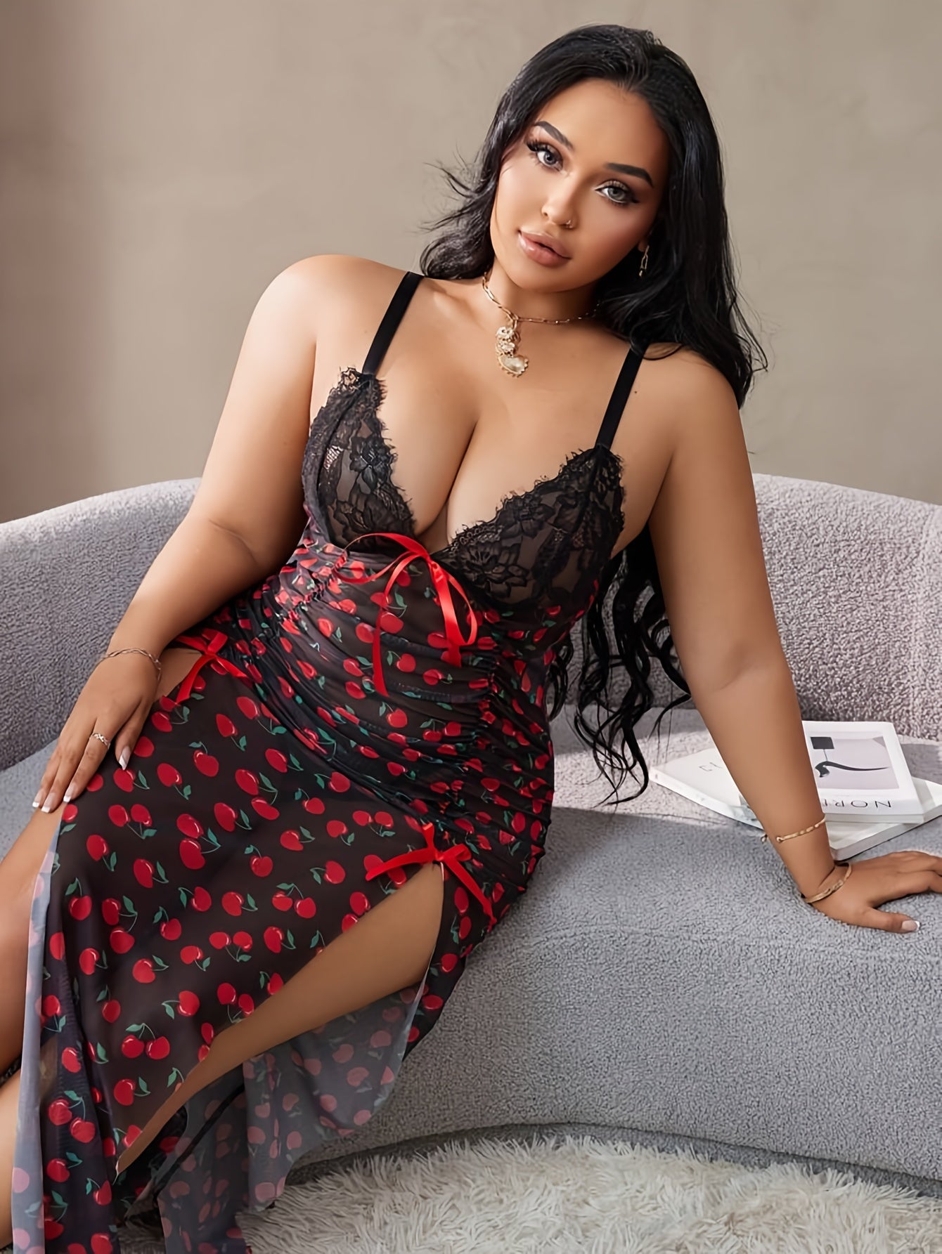 Plus Size Lingerie Set 2pcs Black and Red Floral Panties and Camisole