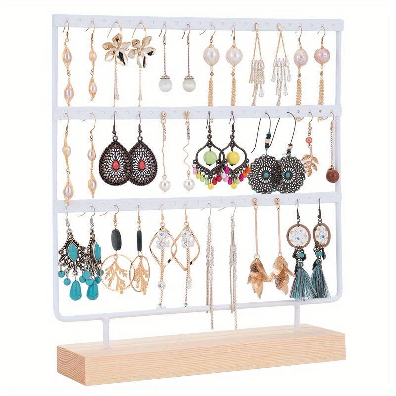 Wooden Jewelry Organizer Tree with 3 Layers and 72 Earring Holes for Display and Storage