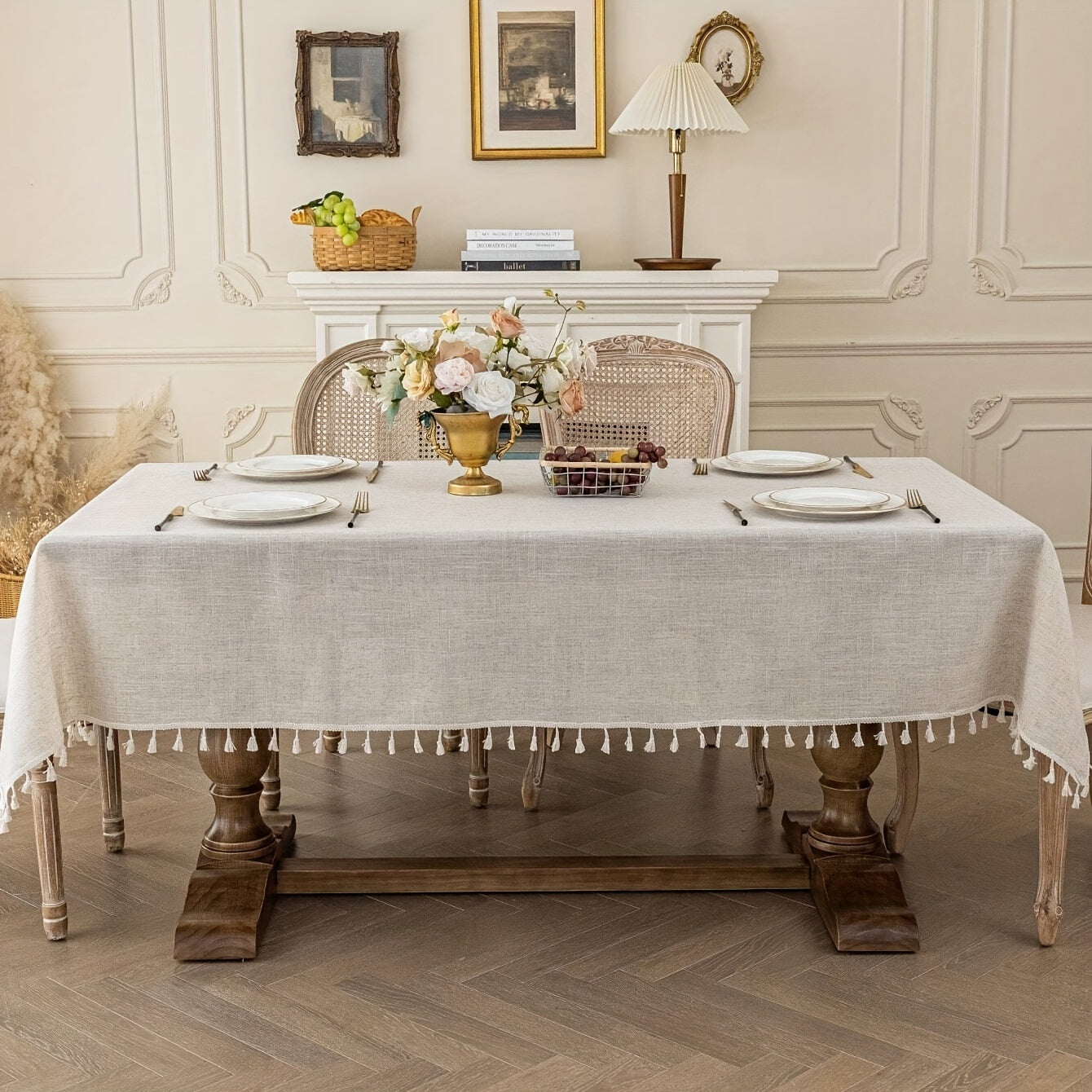 Polyester Cream Tassel Lace Tablecloth Khaki for Holidays and Parties