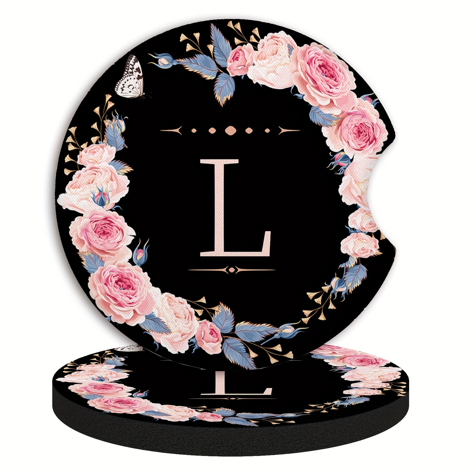 Unisex Rubber Car Coasters 2 Pack Waterproof Floral Monogram Drink Holders
