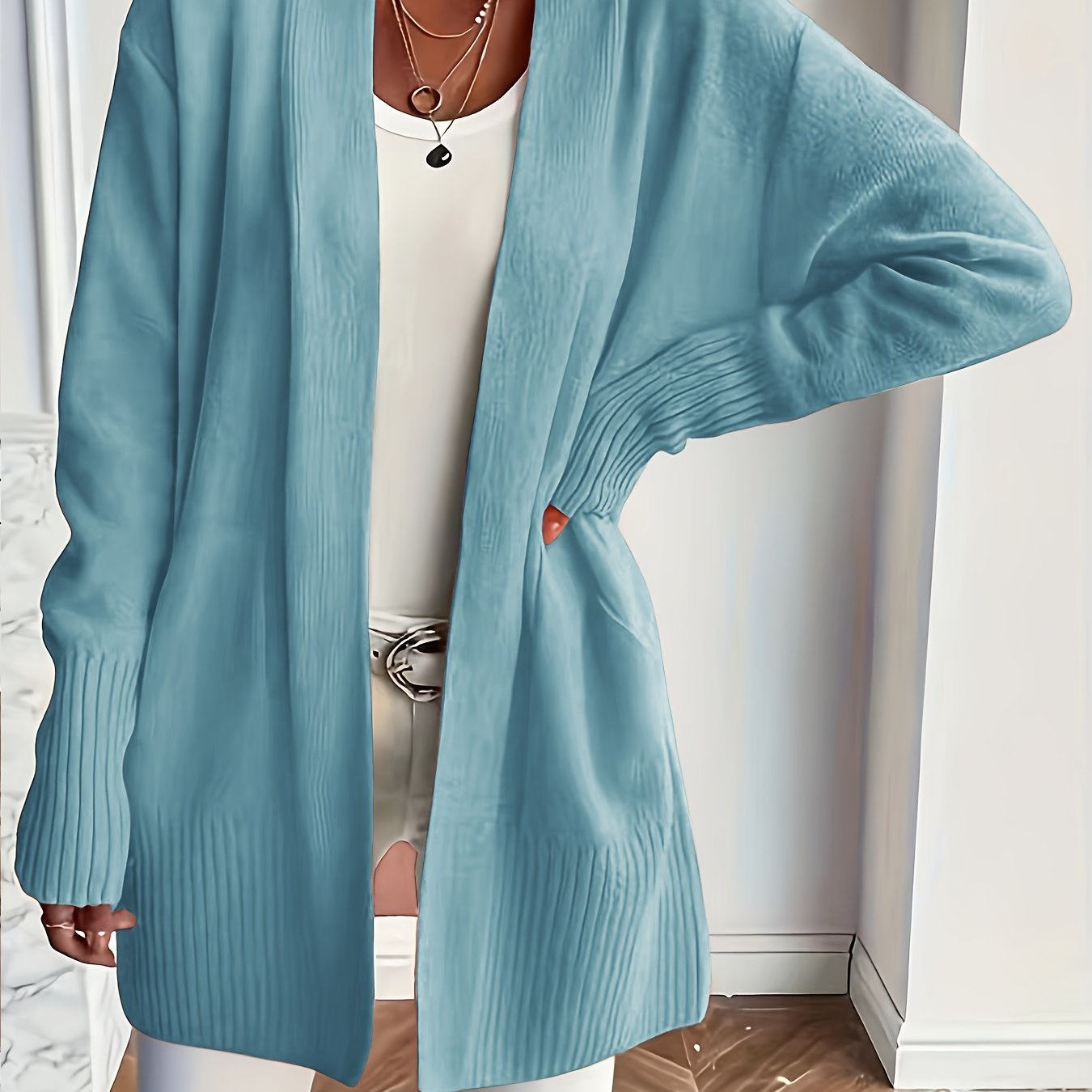 Women's Long Sleeve Knit Cardigan with Open Front and Pockets Fall Winter Solid Color Loose Fit