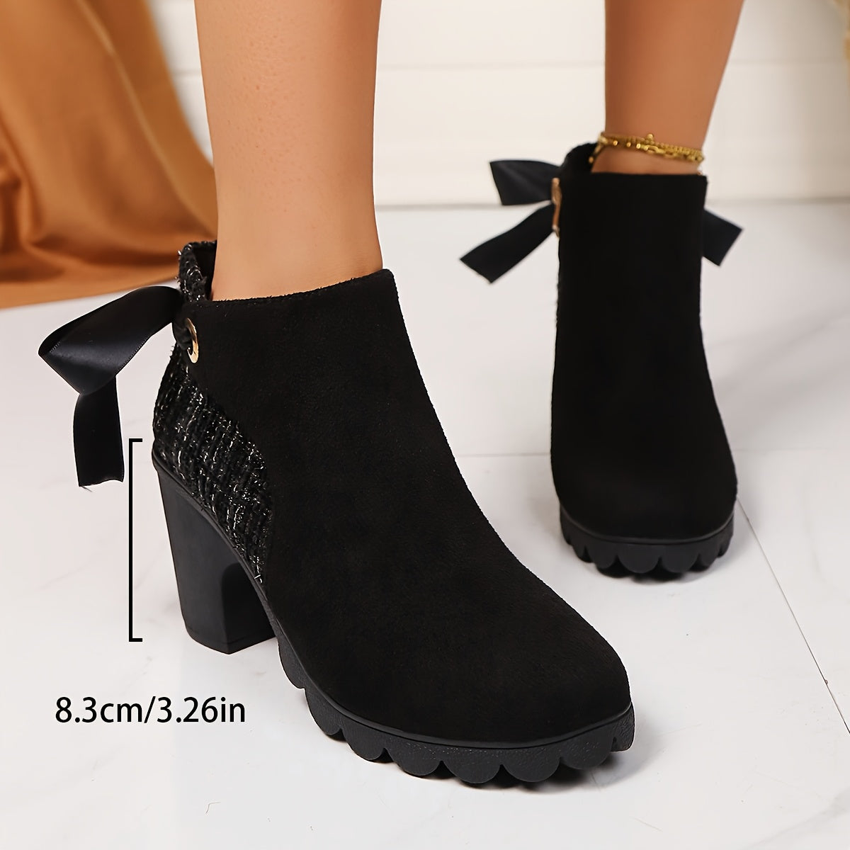 Women's Black Block Heel Ankle Boots with Round Toe and Zipper
