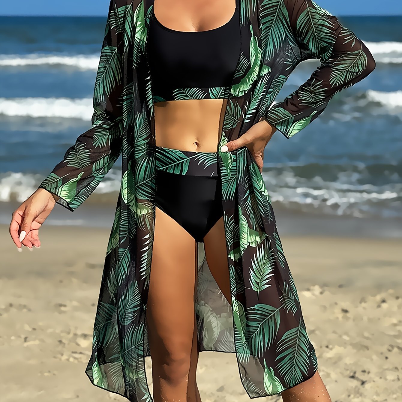 Women's Tropical Plant Print Beach Cover-Up Set with Sun Protection and Removable Padding