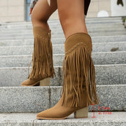 Women's Ankle Boots Faux Leather Fringe Studs Pointed Toe Chunky Heel