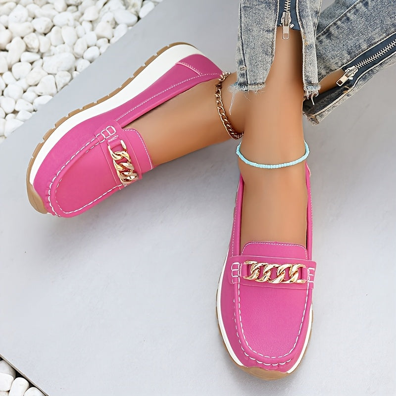 Women's Solid Color Loafers Slip-On Casual Flats with Metal Buckle