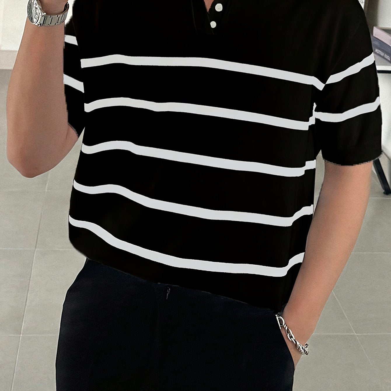 Camisa de punto casual de rayas para hombre, manga corta, ligera, verano, mezcla de viscosa y poliéster, blanco y negro