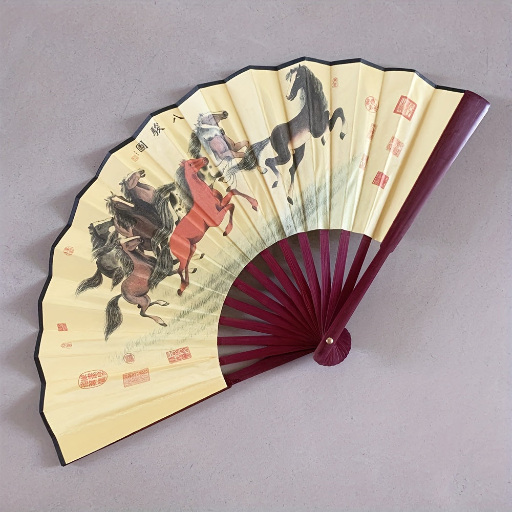 Ancient Style Chinese Folding Fan with Peony Plum Eight Jun Artwork 8-Inch