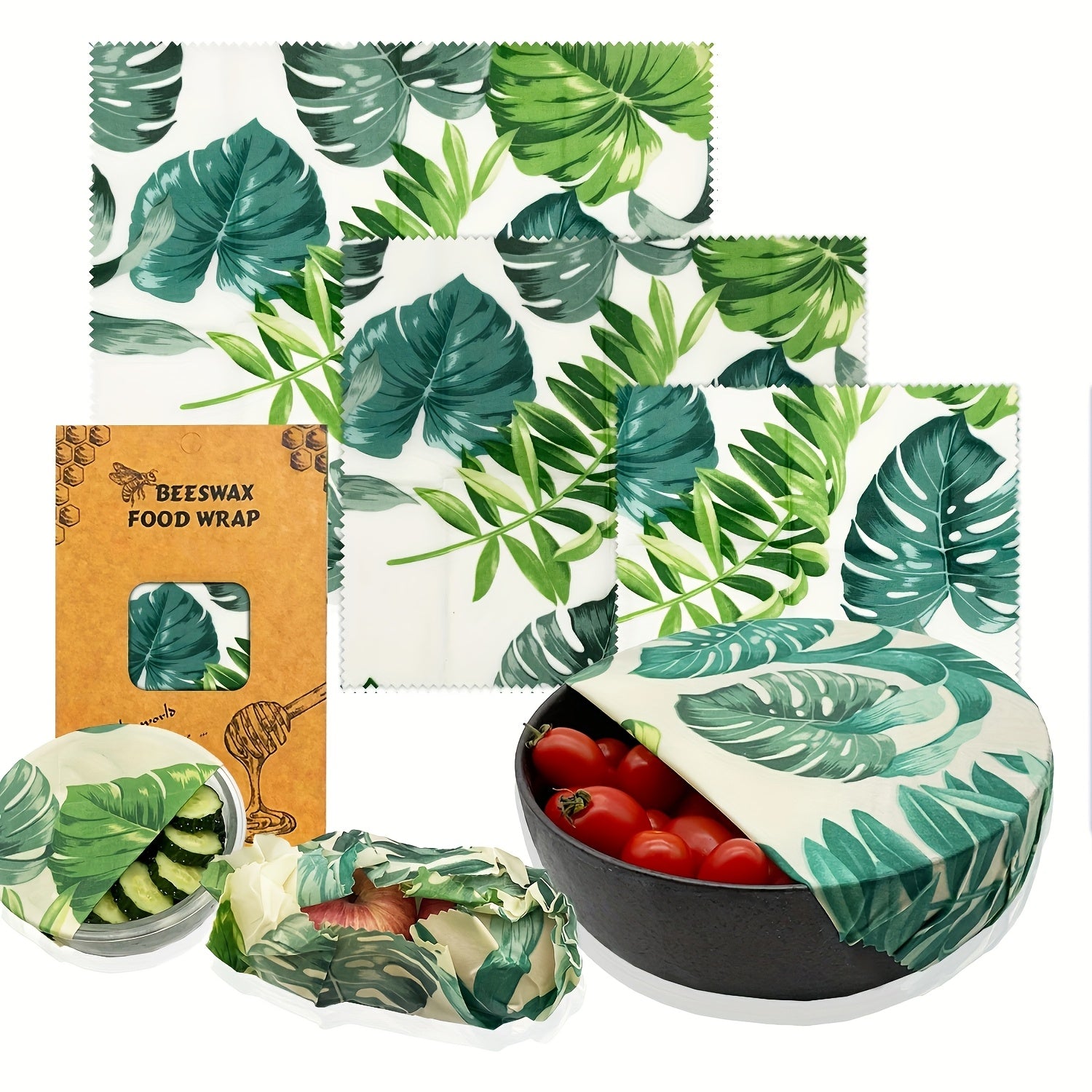 Envolturas reutilizables de cera de abeja de 3 piezas con patrón de curvas abstractas para almacenamiento de alimentos sin desperdicio