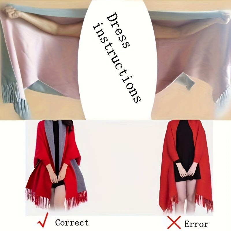 Women's Reversible Jacquard Warm Cape Shawl with Brooch Stylish Wrap