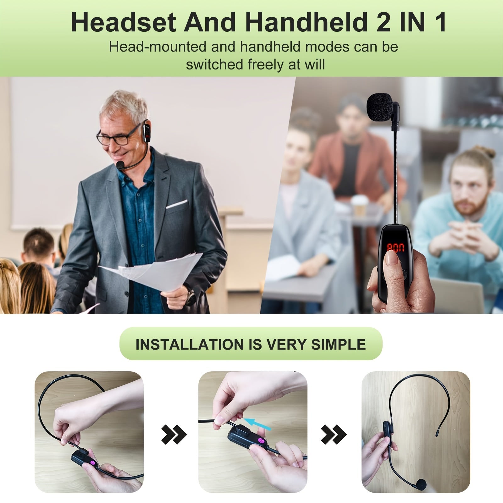 Wireless Microphone Headset for Fitness with LED Display 50M Range