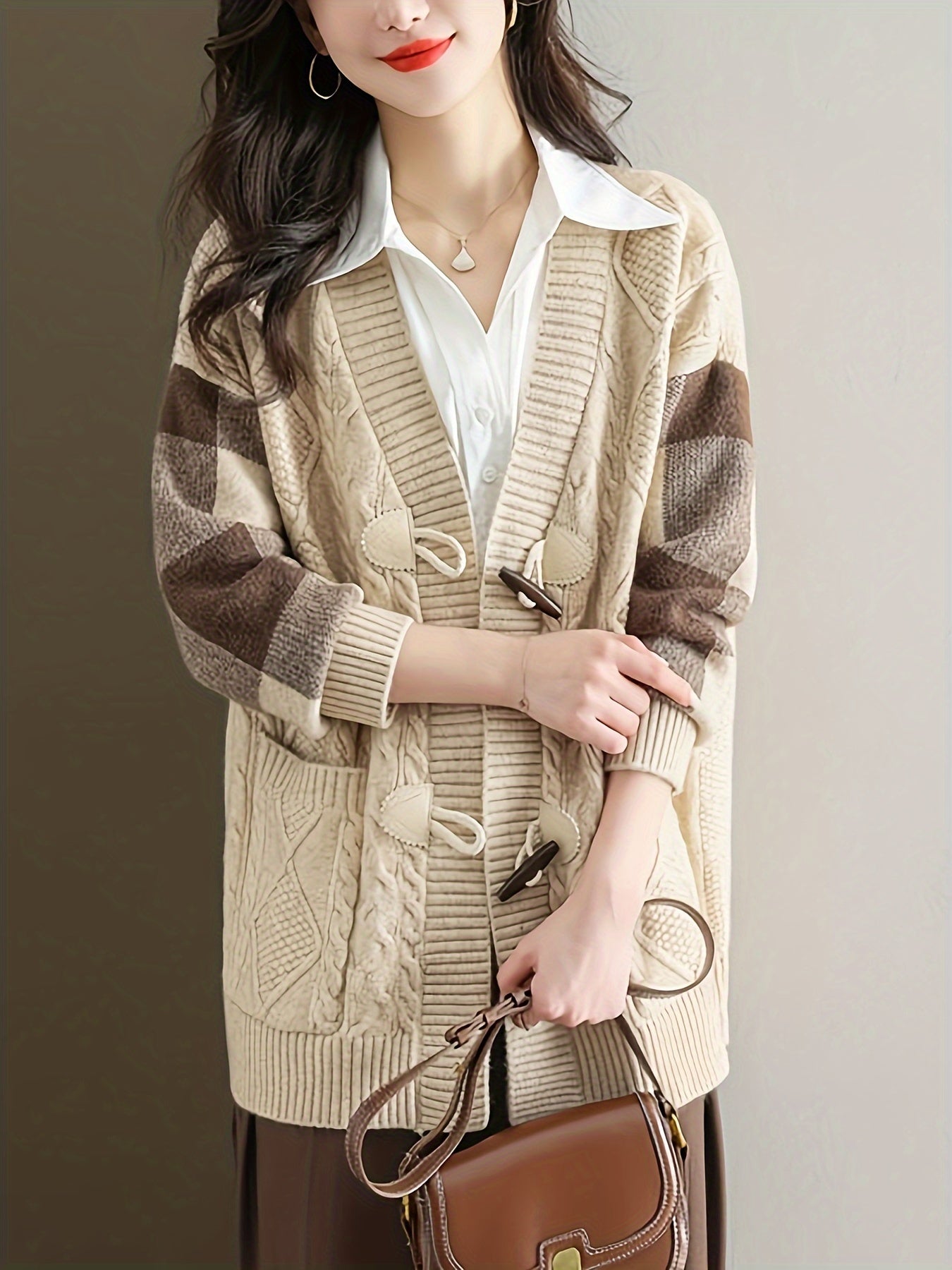 Plus Size Striped Knit Cardigan for Women Open Front Long Sleeve Pockets Autumn Winter